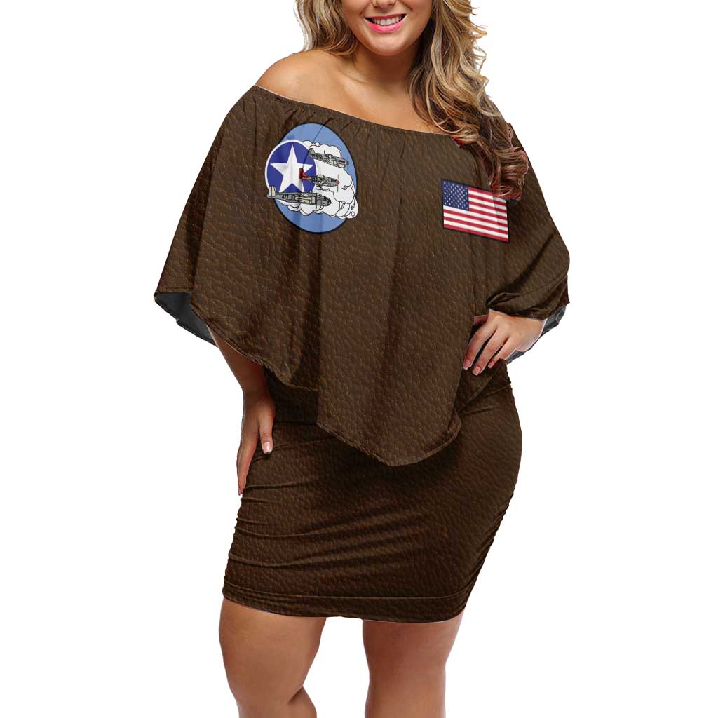 Tuskegee Airmen WWII Heroes Family Matching Off Shoulder Short Dress and Hawaiian Shirt The Great American Aviators Brown Leather Pattern - Wonder Print Shop