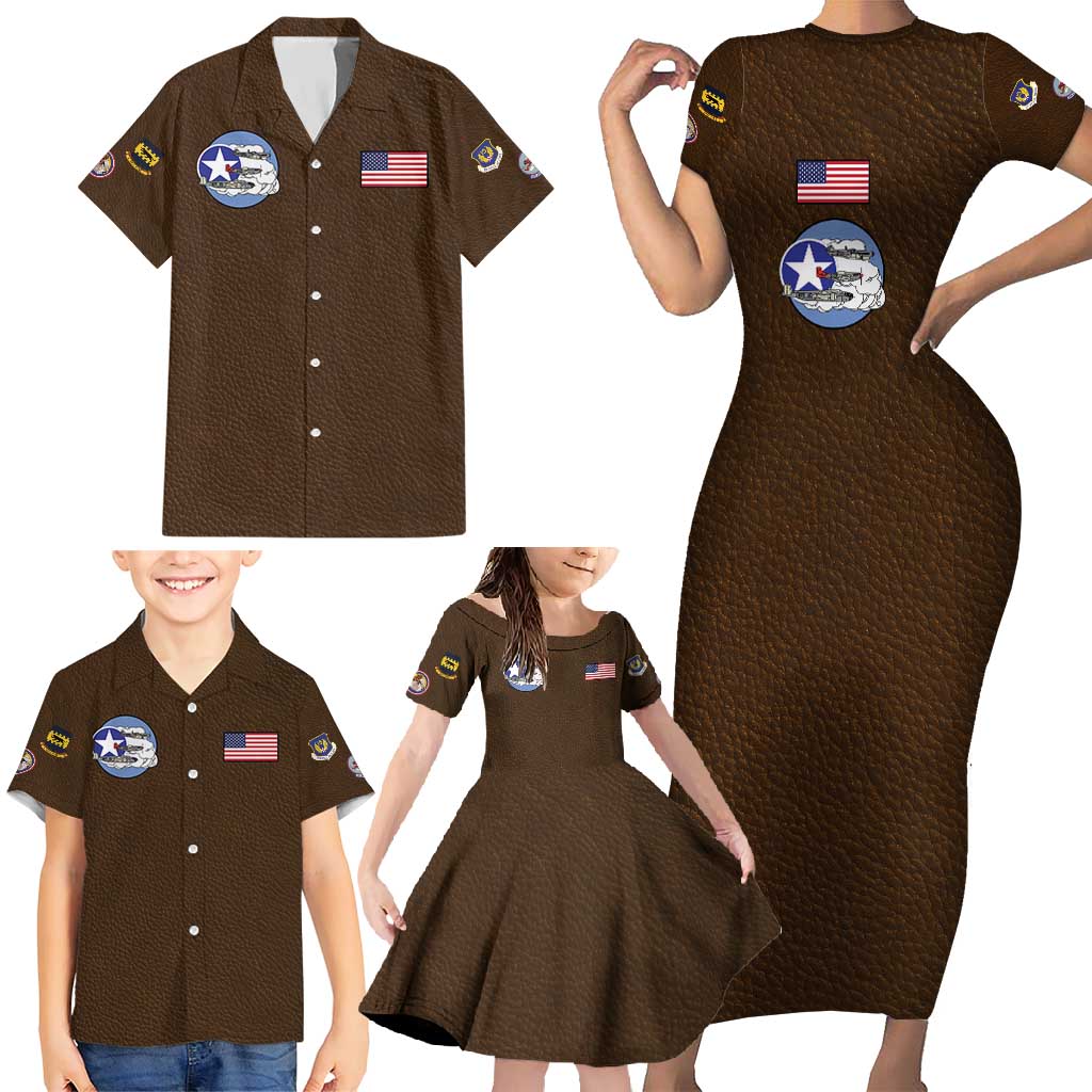 Tuskegee Airmen WWII Heroes Family Matching Short Sleeve Bodycon Dress and Hawaiian Shirt The Great American Aviators Brown Leather Pattern - Wonder Print Shop