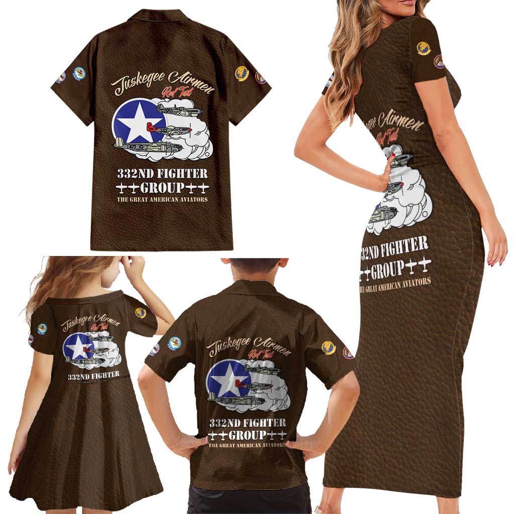 Tuskegee Airmen WWII Heroes Family Matching Short Sleeve Bodycon Dress and Hawaiian Shirt The Great American Aviators Brown Leather Pattern - Wonder Print Shop