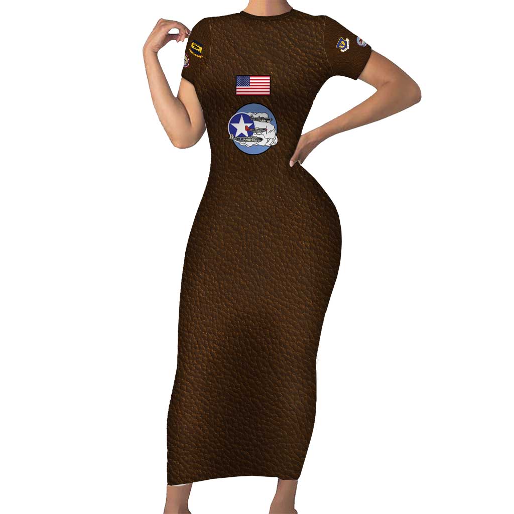 Tuskegee Airmen WWII Heroes Family Matching Short Sleeve Bodycon Dress and Hawaiian Shirt The Great American Aviators Brown Leather Pattern - Wonder Print Shop