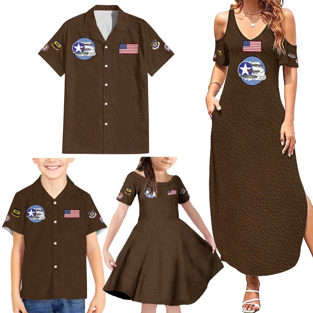 Tuskegee Airmen WWII Heroes Family Matching Summer Maxi Dress and Hawaiian Shirt The Great American Aviators Brown Leather Pattern - Wonder Print Shop