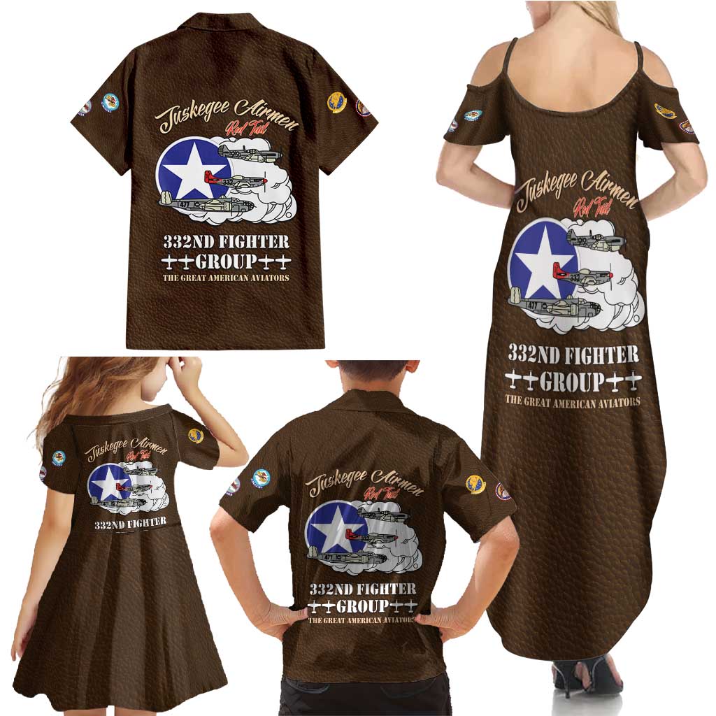 Tuskegee Airmen WWII Heroes Family Matching Summer Maxi Dress and Hawaiian Shirt The Great American Aviators Brown Leather Pattern - Wonder Print Shop
