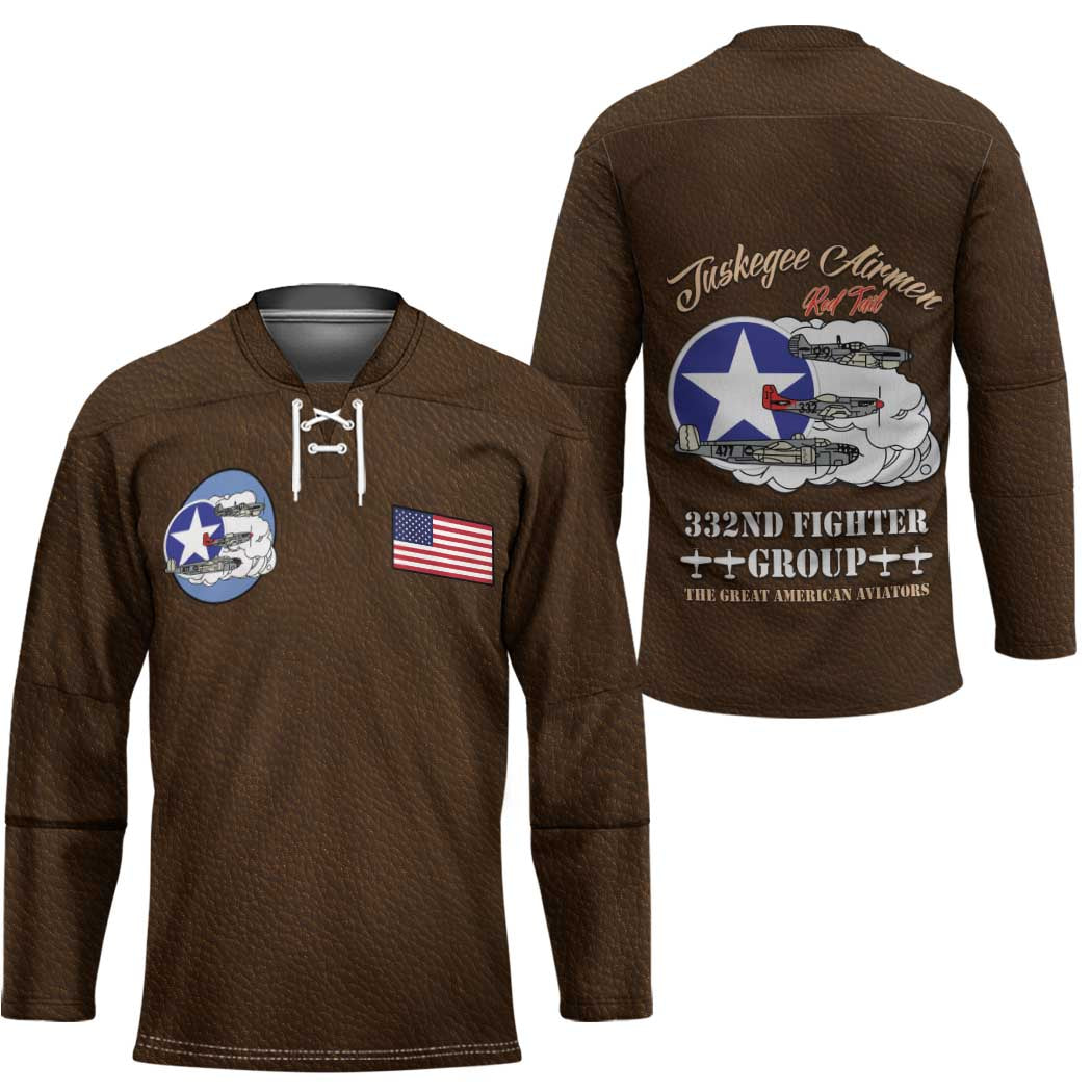Tuskegee Airmen WWII Heroes Hockey Jersey The Great American Aviators Brown Leather Pattern - Wonder Print Shop