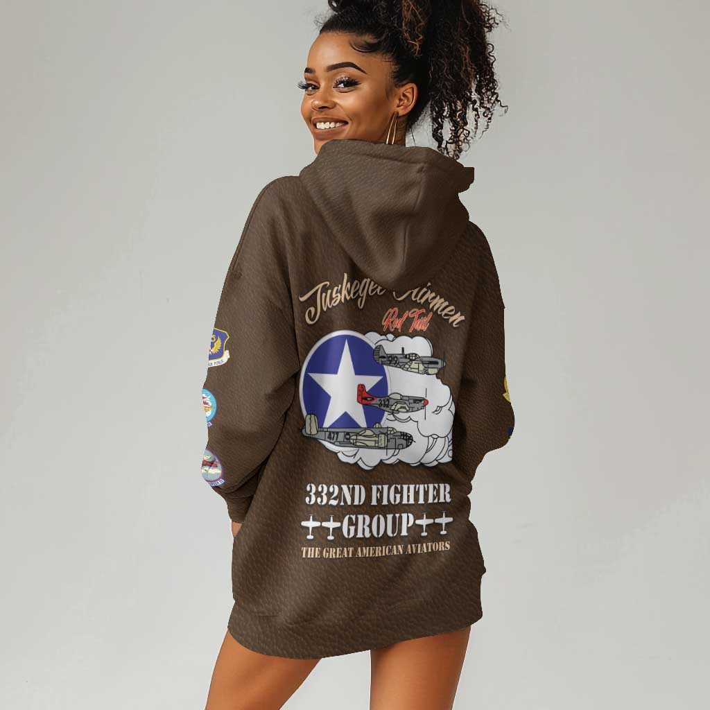 Tuskegee Airmen WWII Heroes Hoodie Dress The Great American Aviators Brown Leather Pattern - Wonder Print Shop