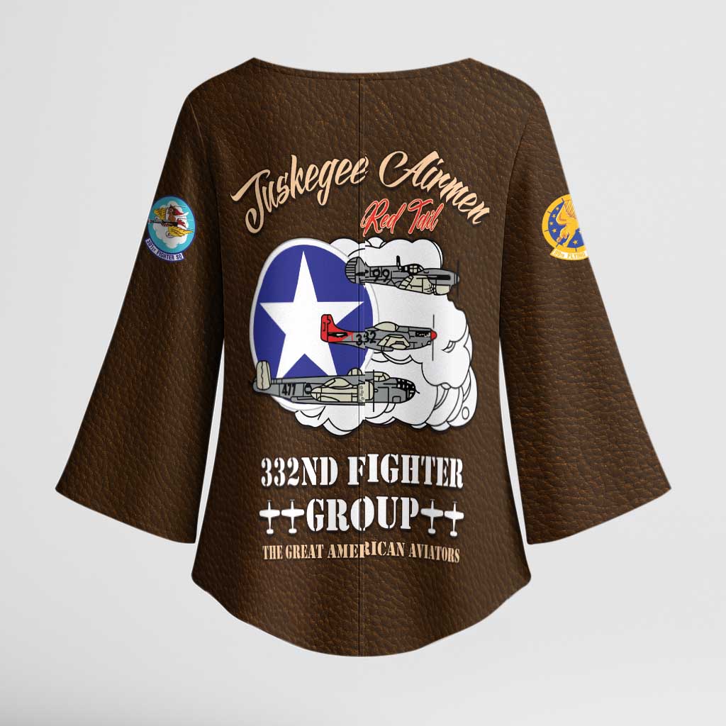 Tuskegee Airmen WWII Heroes Kimono Sleeve Blouse The Great American Aviators Brown Leather Pattern - Wonder Print Shop
