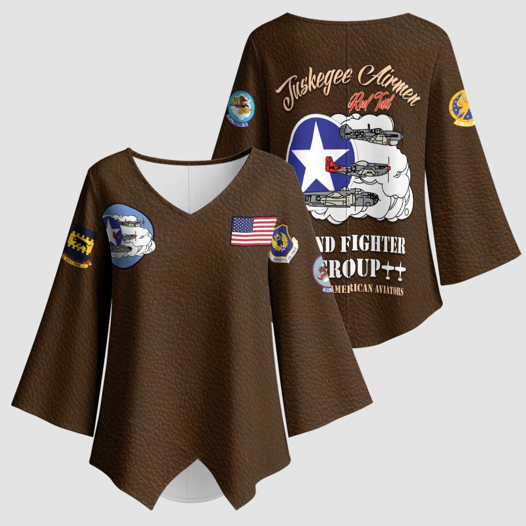 Tuskegee Airmen WWII Heroes Kimono Sleeve Blouse The Great American Aviators Brown Leather Pattern - Wonder Print Shop