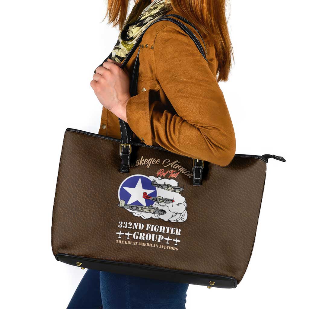 Tuskegee Airmen WWII Heroes Leather Tote Bag The Great American Aviators Brown Leather Pattern - Wonder Print Shop