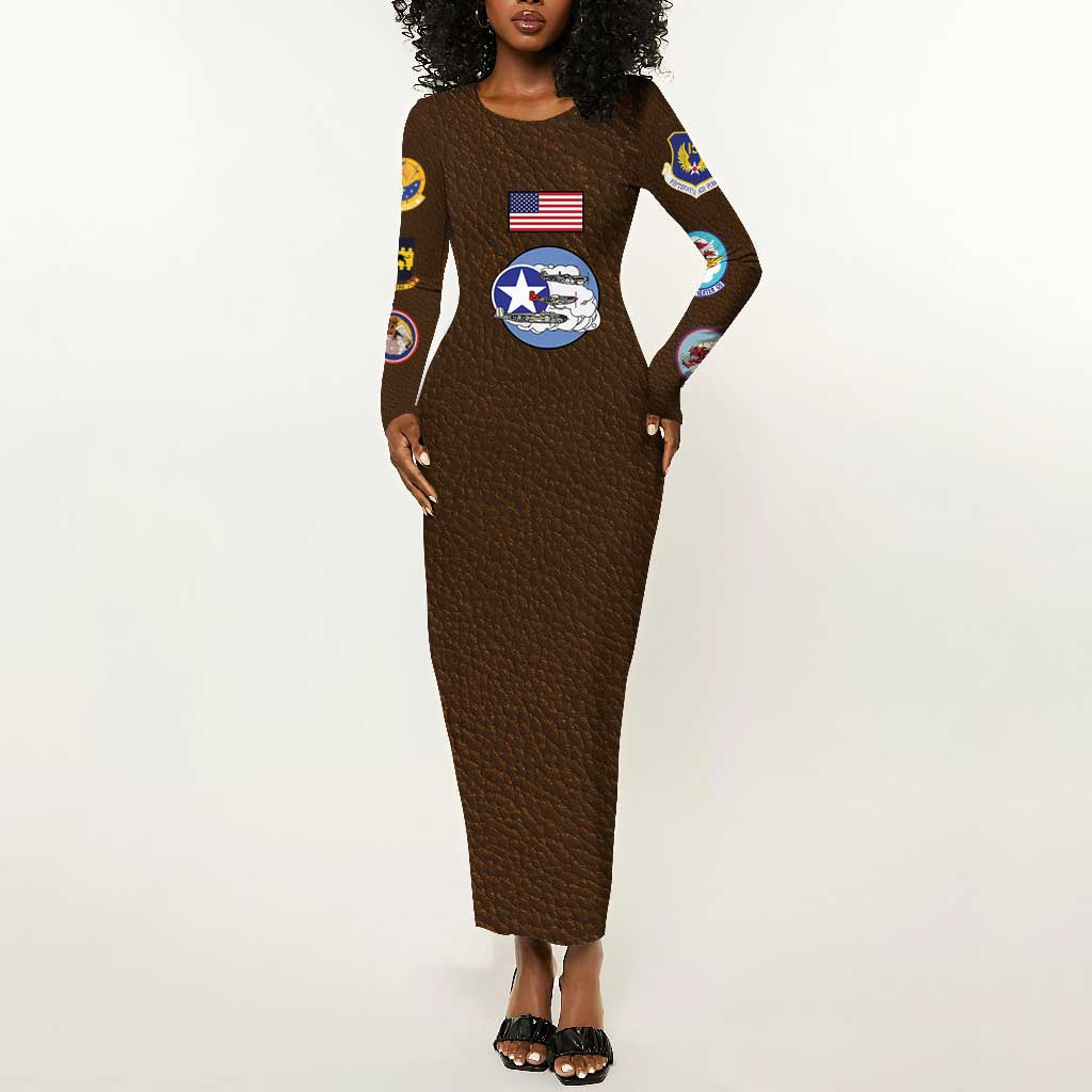 Tuskegee Airmen WWII Heroes Long Sleeve Bodycon Dress The Great American Aviators Brown Leather Pattern - Wonder Print Shop