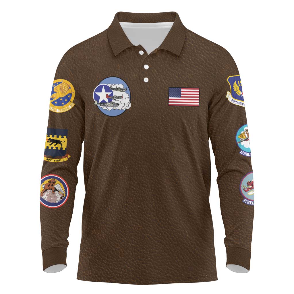Tuskegee Airmen WWII Heroes Long Sleeve Polo Shirt The Great American Aviators Brown Leather Pattern - Wonder Print Shop