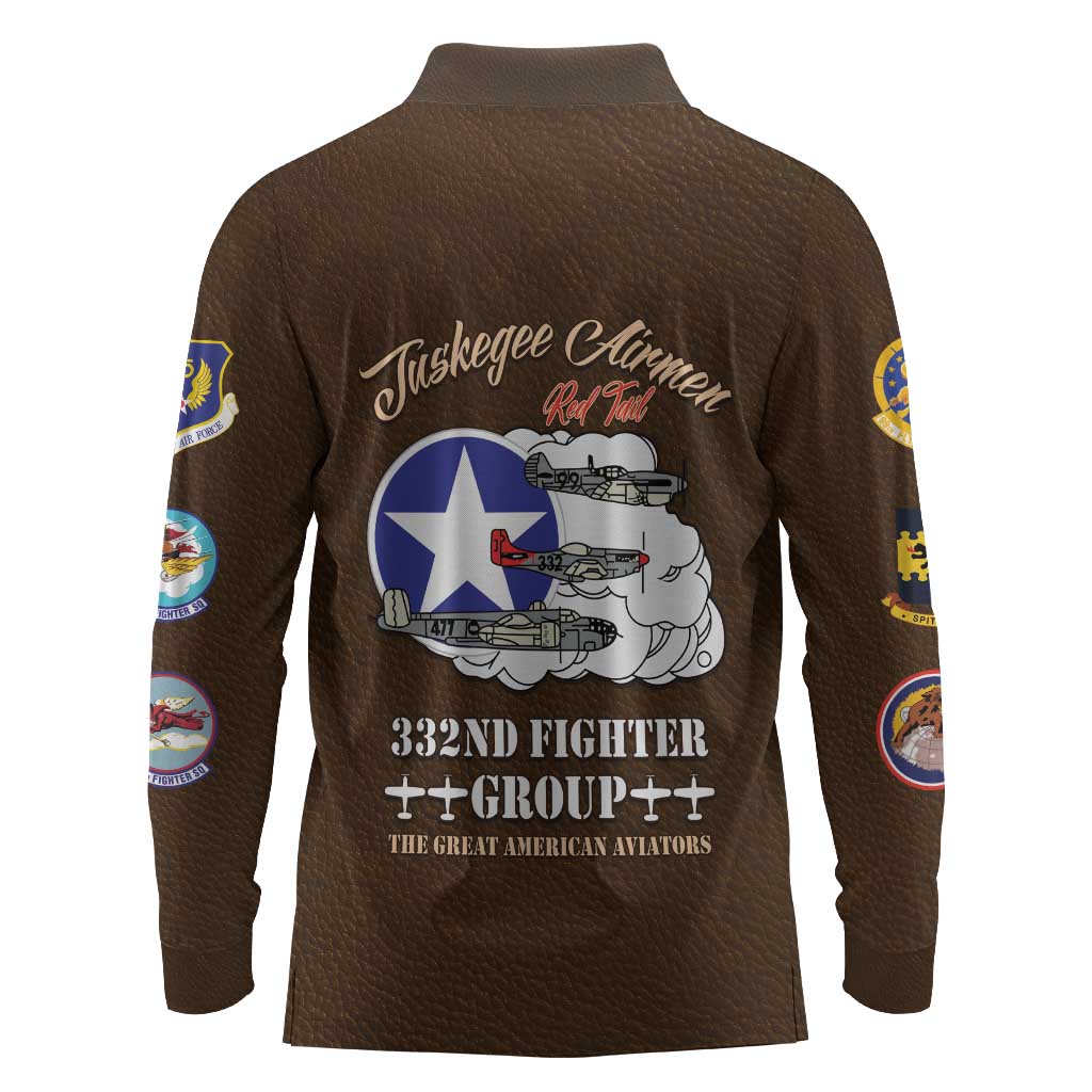 Tuskegee Airmen WWII Heroes Long Sleeve Polo Shirt The Great American Aviators Brown Leather Pattern - Wonder Print Shop