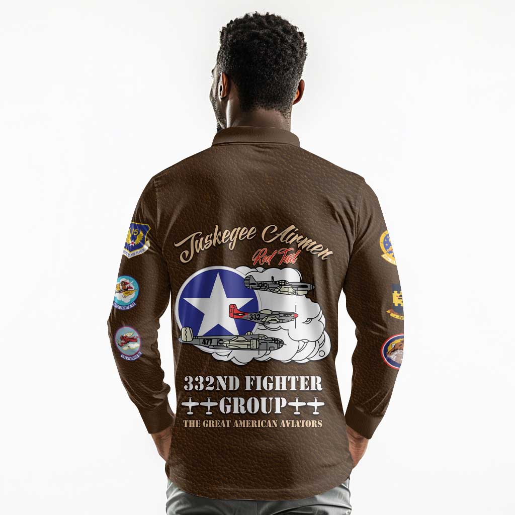 Tuskegee Airmen WWII Heroes Long Sleeve Polo Shirt The Great American Aviators Brown Leather Pattern - Wonder Print Shop