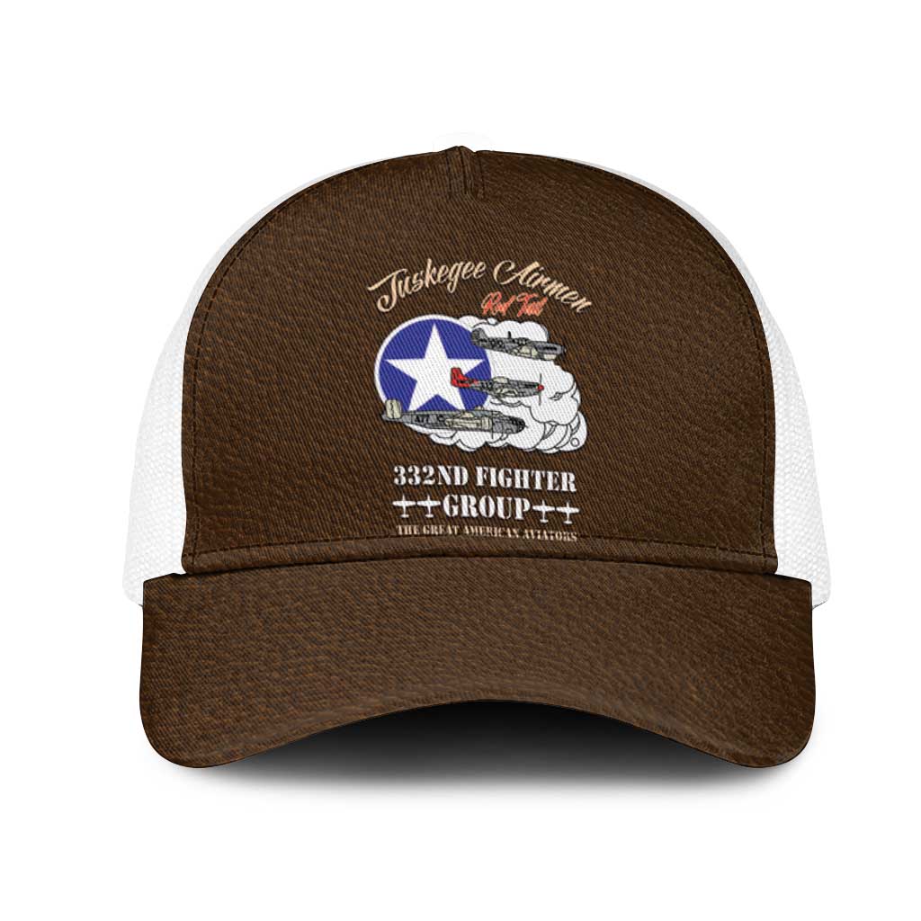 Tuskegee Airmen WWII Heroes Mesh Trucker Cap The Great American Aviators Brown Leather Pattern - Wonder Print Shop