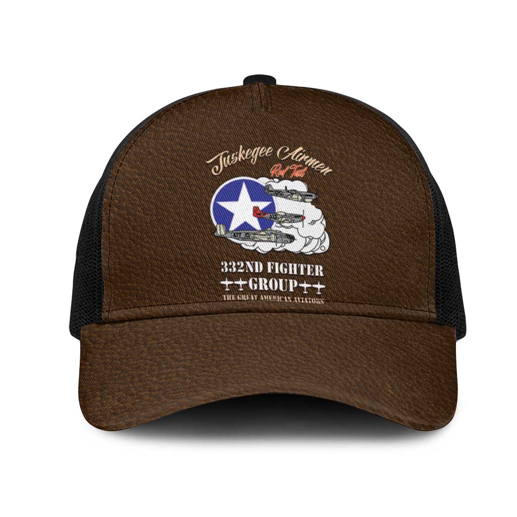 Tuskegee Airmen WWII Heroes Mesh Trucker Cap The Great American Aviators Brown Leather Pattern - Wonder Print Shop