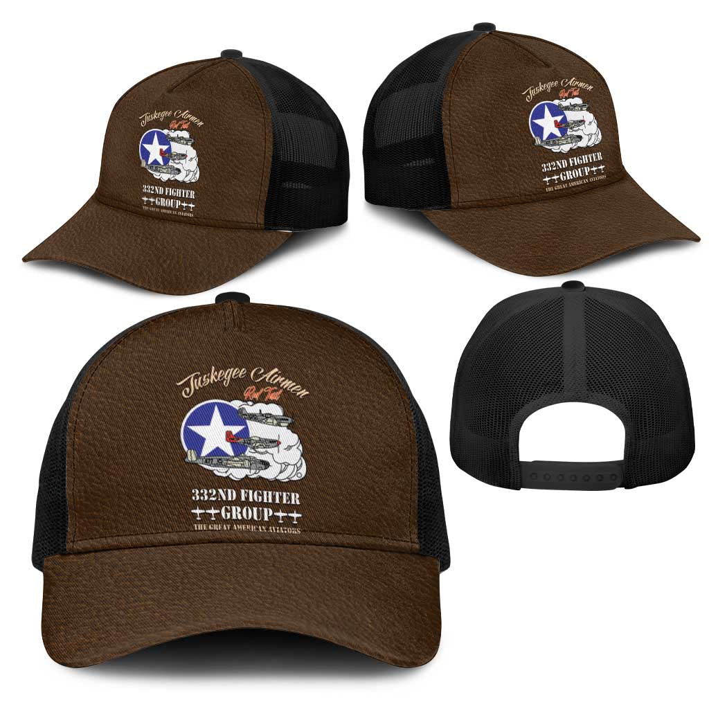 Tuskegee Airmen WWII Heroes Mesh Trucker Cap The Great American Aviators Brown Leather Pattern - Wonder Print Shop