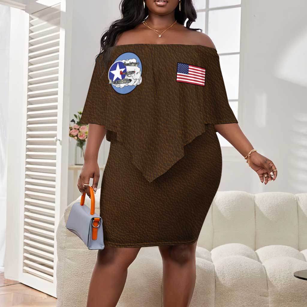 Tuskegee Airmen WWII Heroes Off Shoulder Short Dress The Great American Aviators Brown Leather Pattern - Wonder Print Shop