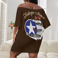 Tuskegee Airmen WWII Heroes Off Shoulder Short Dress The Great American Aviators Brown Leather Pattern - Wonder Print Shop