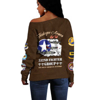 Tuskegee Airmen WWII Heroes Off Shoulder Sweater The Great American Aviators Brown Leather Pattern - Wonder Print Shop