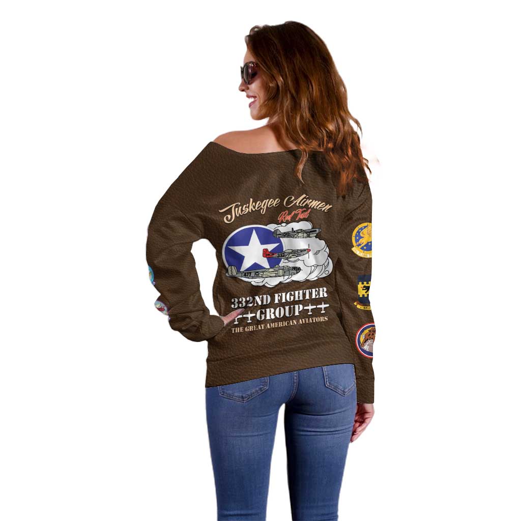 Tuskegee Airmen WWII Heroes Off Shoulder Sweater The Great American Aviators Brown Leather Pattern - Wonder Print Shop