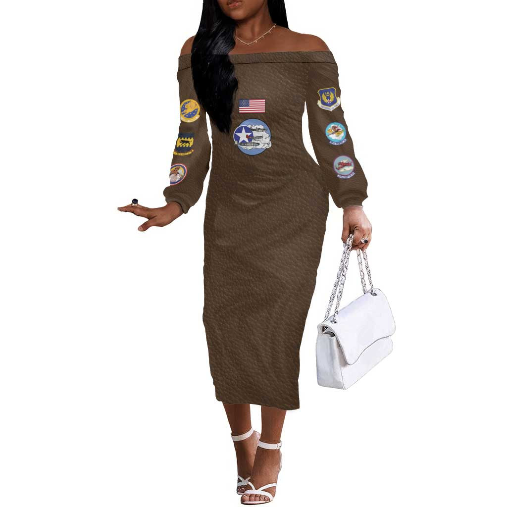 Tuskegee Airmen WWII Heroes Off The Shoulder Long Sleeve Dress The Great American Aviators Brown Leather Pattern - Wonder Print Shop