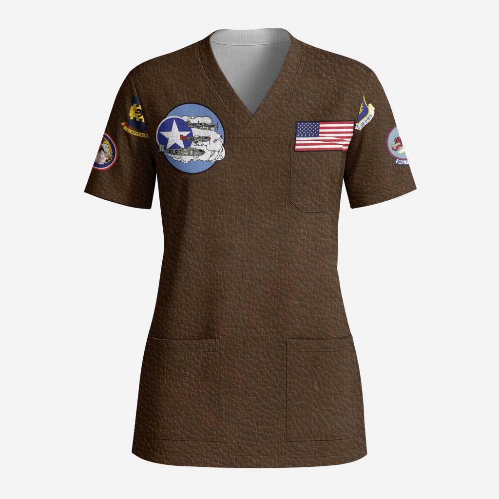 Tuskegee Airmen WWII Heroes Scrub Top The Great American Aviators Brown Leather Pattern - Wonder Print Shop
