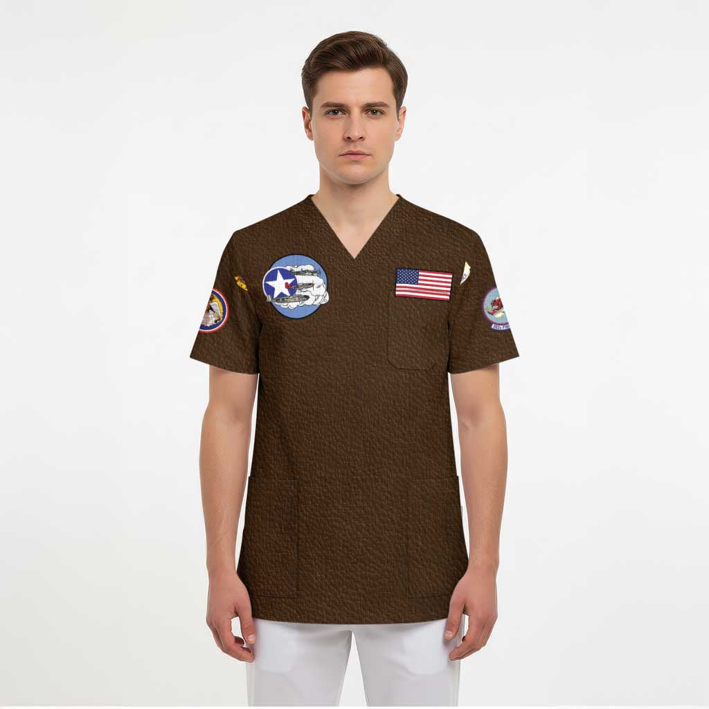 Tuskegee Airmen WWII Heroes Scrub Top The Great American Aviators Brown Leather Pattern - Wonder Print Shop