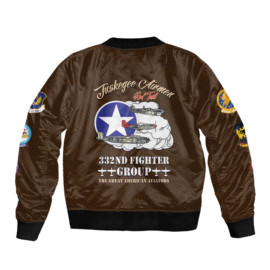 Tuskegee Airmen WWII Heroes Sleeve Zip Bomber Jacket The Great American Aviators Brown Leather Pattern - Wonder Print Shop