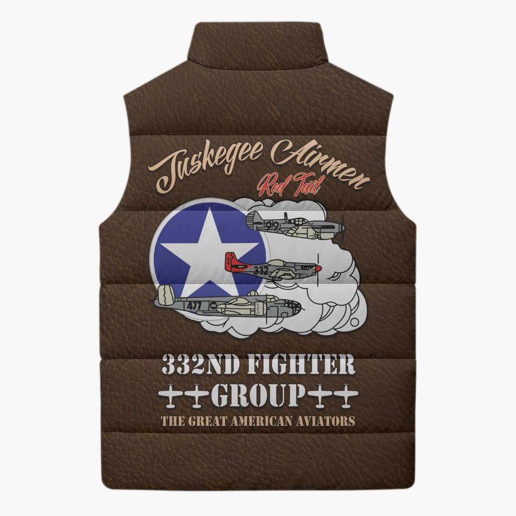 Tuskegee Airmen WWII Heroes Sleeveless Puffer Jacket The Great American Aviators Brown Leather Pattern - Wonder Print Shop