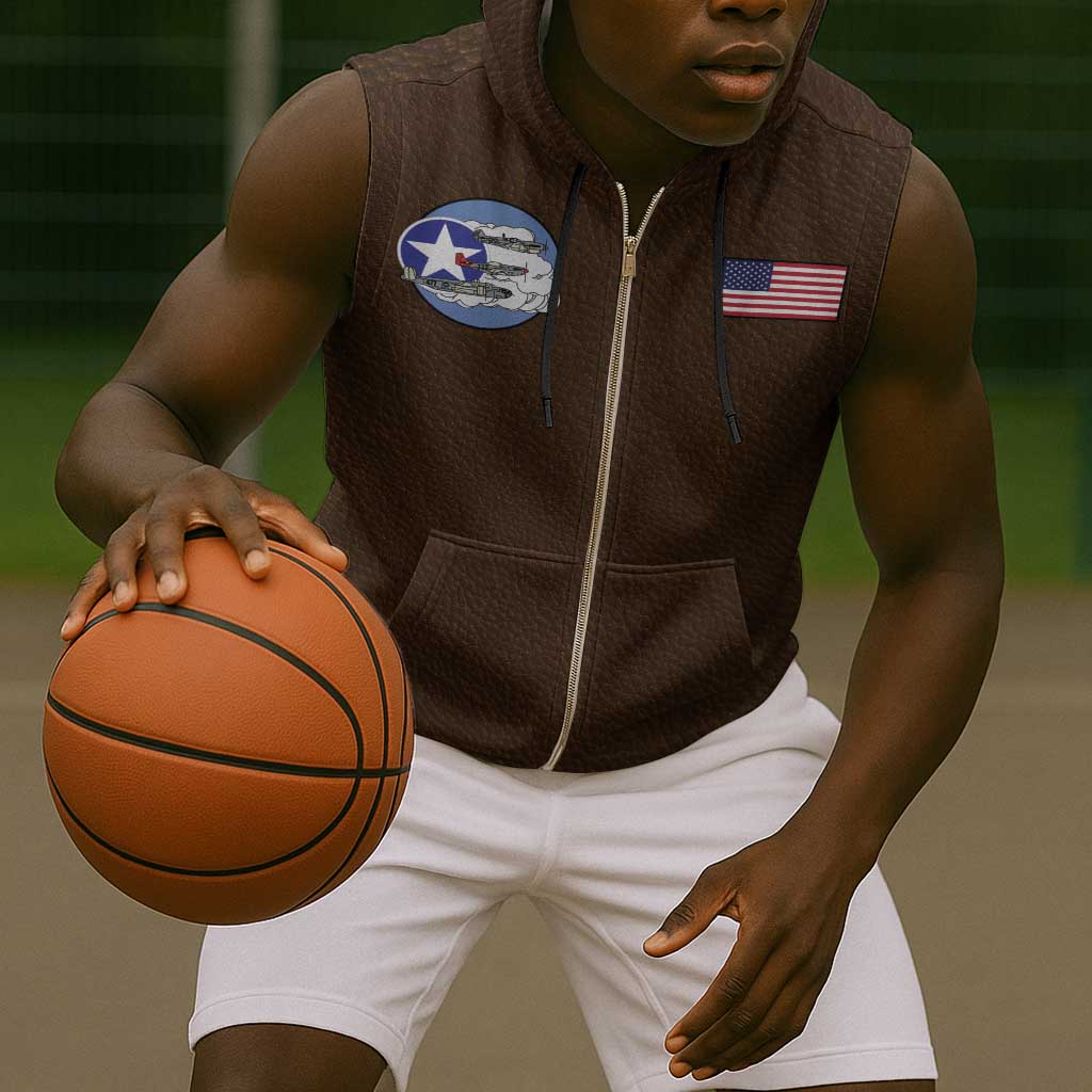 Tuskegee Airmen WWII Heroes Sleeveless Zip Hoodie The Great American Aviators Brown Leather Pattern - Wonder Print Shop