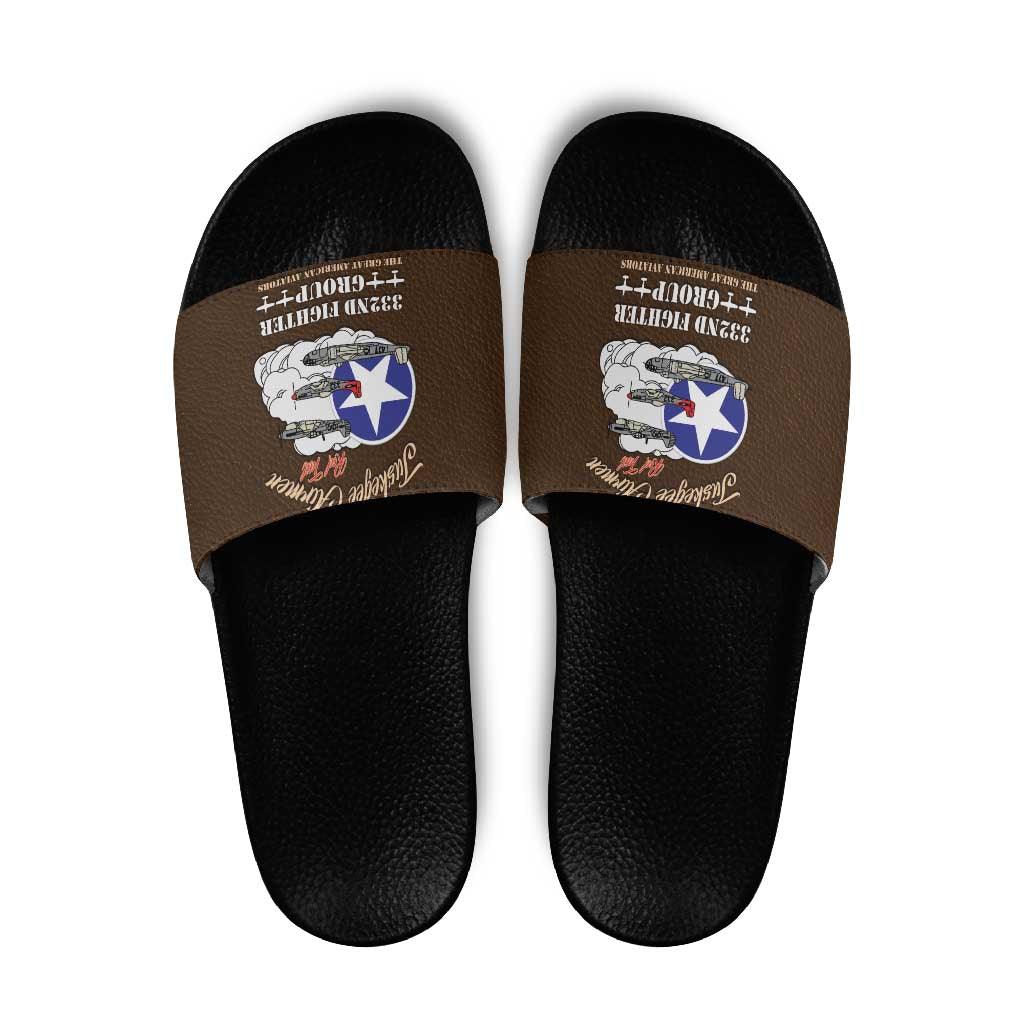 Tuskegee Airmen WWII Heroes Slide Sandals The Great American Aviators Brown Leather Pattern - Wonder Print Shop