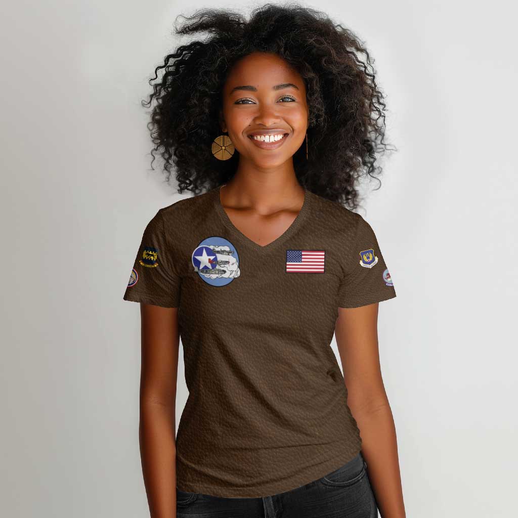 Tuskegee Airmen WWII Heroes Women V-Neck T-Shirt The Great American Aviators Brown Leather Pattern - Wonder Print Shop