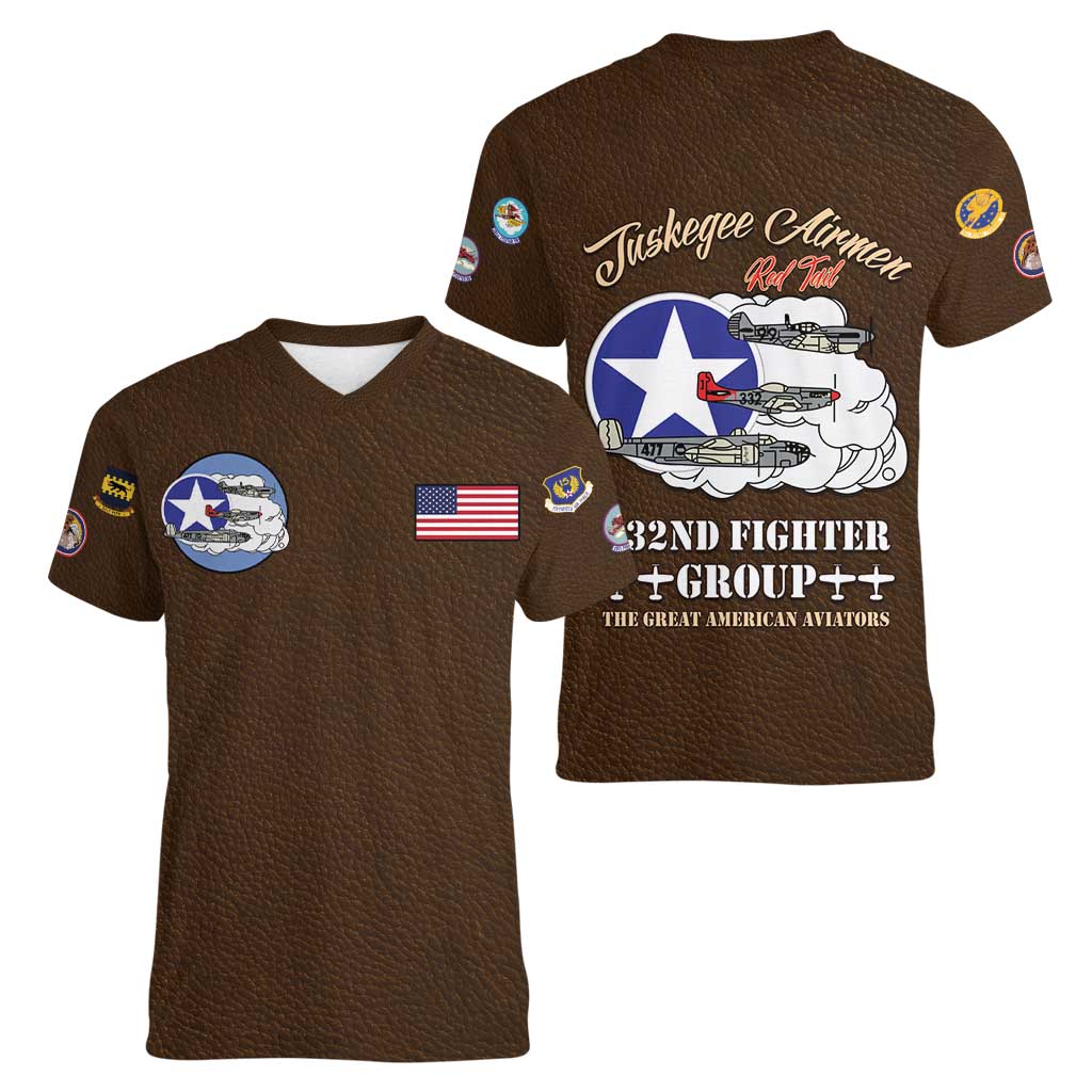 Tuskegee Airmen WWII Heroes Women V-Neck T-Shirt The Great American Aviators Brown Leather Pattern - Wonder Print Shop