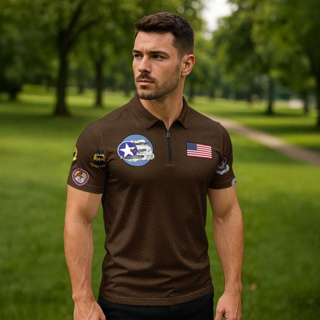 Tuskegee Airmen WWII Heroes Zipper Polo Shirt The Great American Aviators Brown Leather Pattern - Wonder Print Shop