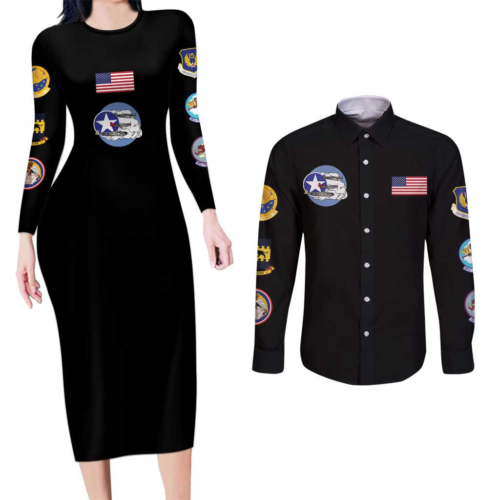 Tuskegee Airmen WWII Heroes Couples Matching Long Sleeve Bodycon Dress and Long Sleeve Button Shirt The Great American Aviators Black Art - Wonder Print Shop