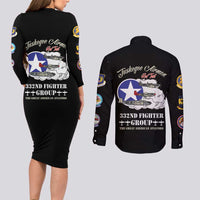 Tuskegee Airmen WWII Heroes Couples Matching Long Sleeve Bodycon Dress and Long Sleeve Button Shirt The Great American Aviators Black Art - Wonder Print Shop