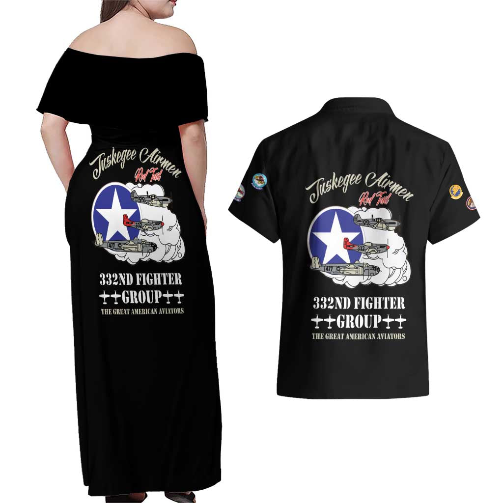 Tuskegee Airmen WWII Heroes Couples Matching Off Shoulder Maxi Dress and Hawaiian Shirt The Great American Aviators Black Art - Wonder Print Shop