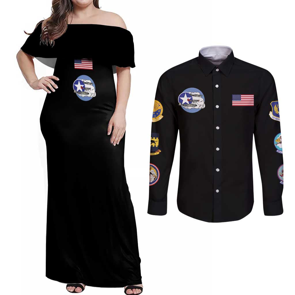 Tuskegee Airmen WWII Heroes Couples Matching Off Shoulder Maxi Dress and Long Sleeve Button Shirt The Great American Aviators Black Art - Wonder Print Shop