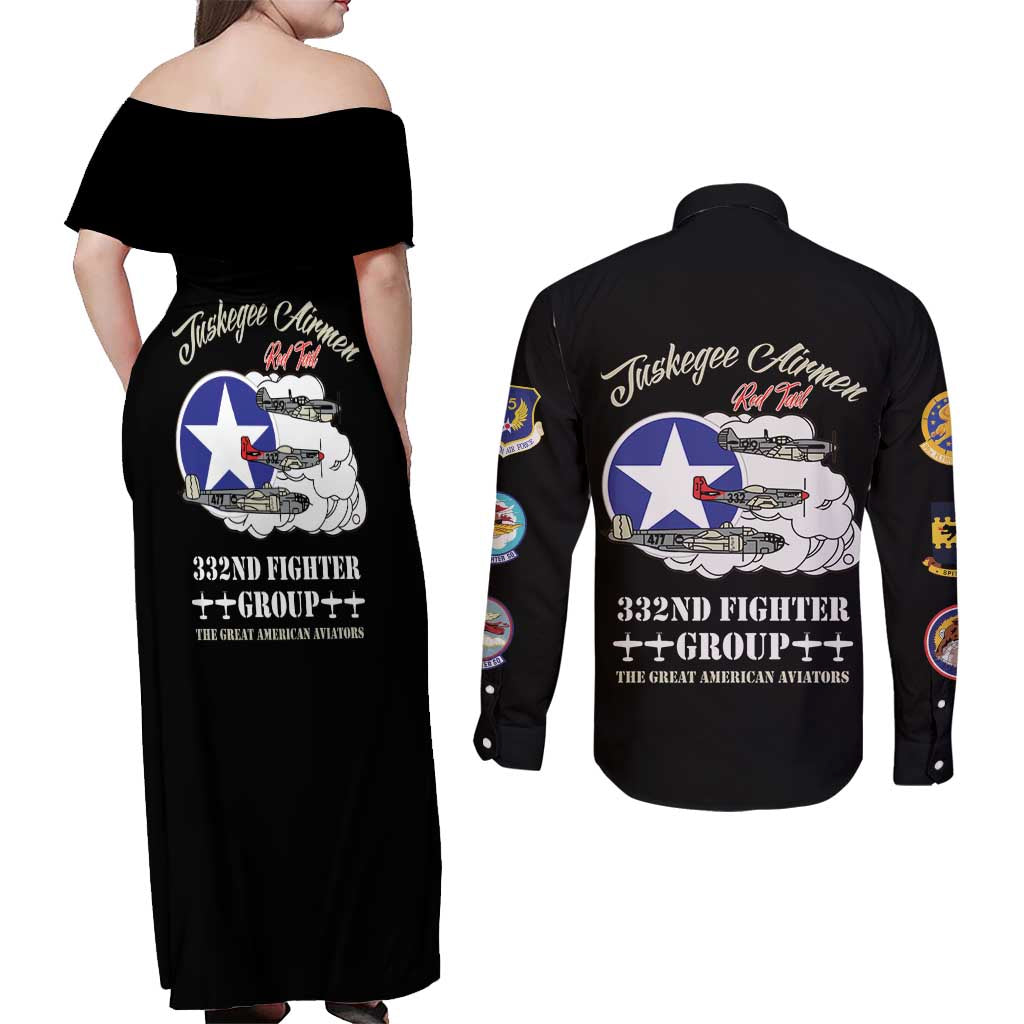 Tuskegee Airmen WWII Heroes Couples Matching Off Shoulder Maxi Dress and Long Sleeve Button Shirt The Great American Aviators Black Art - Wonder Print Shop