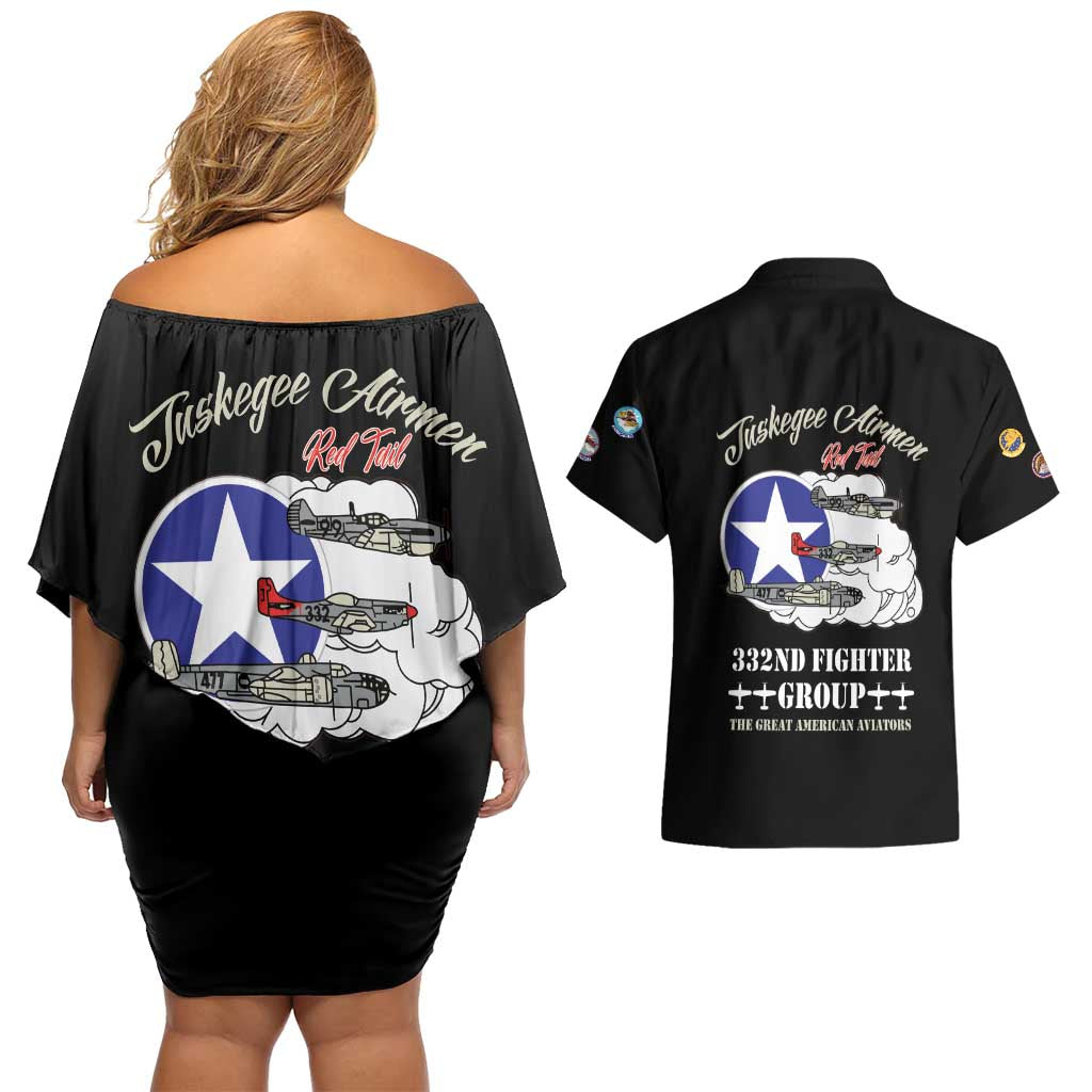 Tuskegee Airmen WWII Heroes Couples Matching Off Shoulder Short Dress and Hawaiian Shirt The Great American Aviators Black Art - Wonder Print Shop