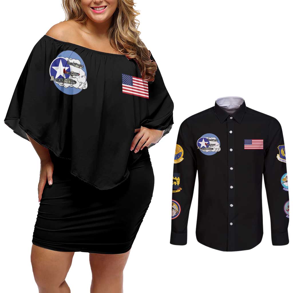 Tuskegee Airmen WWII Heroes Couples Matching Off Shoulder Short Dress and Long Sleeve Button Shirt The Great American Aviators Black Art - Wonder Print Shop