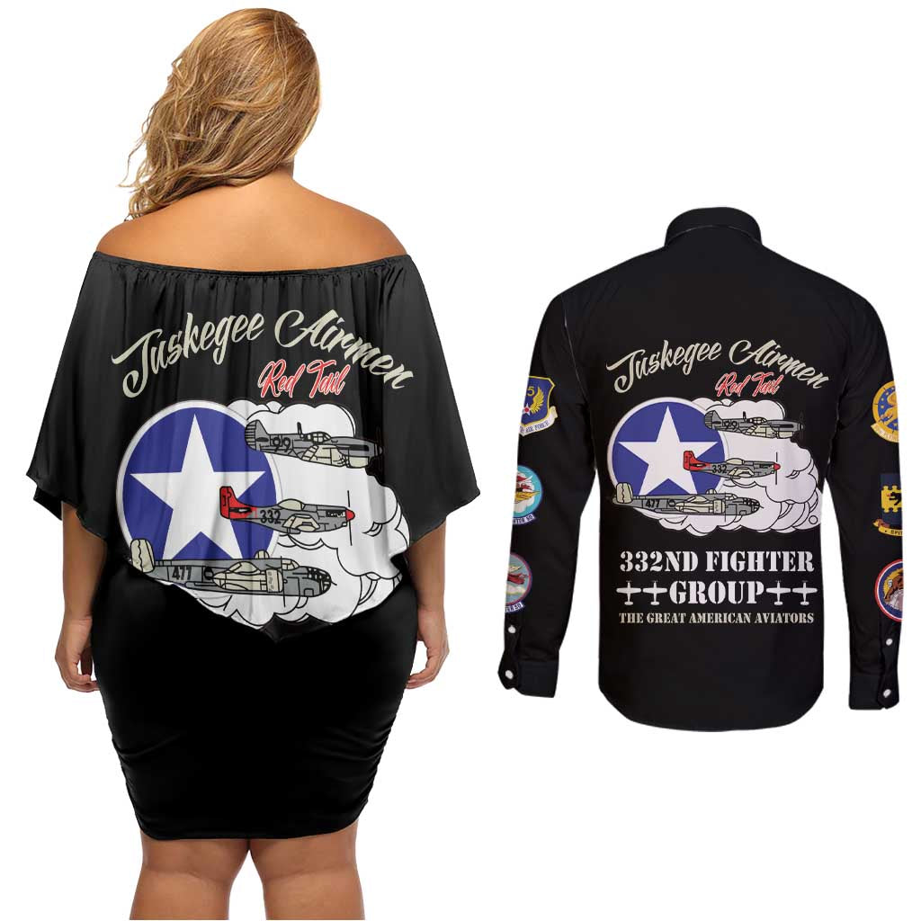 Tuskegee Airmen WWII Heroes Couples Matching Off Shoulder Short Dress and Long Sleeve Button Shirt The Great American Aviators Black Art - Wonder Print Shop