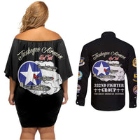 Tuskegee Airmen WWII Heroes Couples Matching Off Shoulder Short Dress and Long Sleeve Button Shirt The Great American Aviators Black Art - Wonder Print Shop