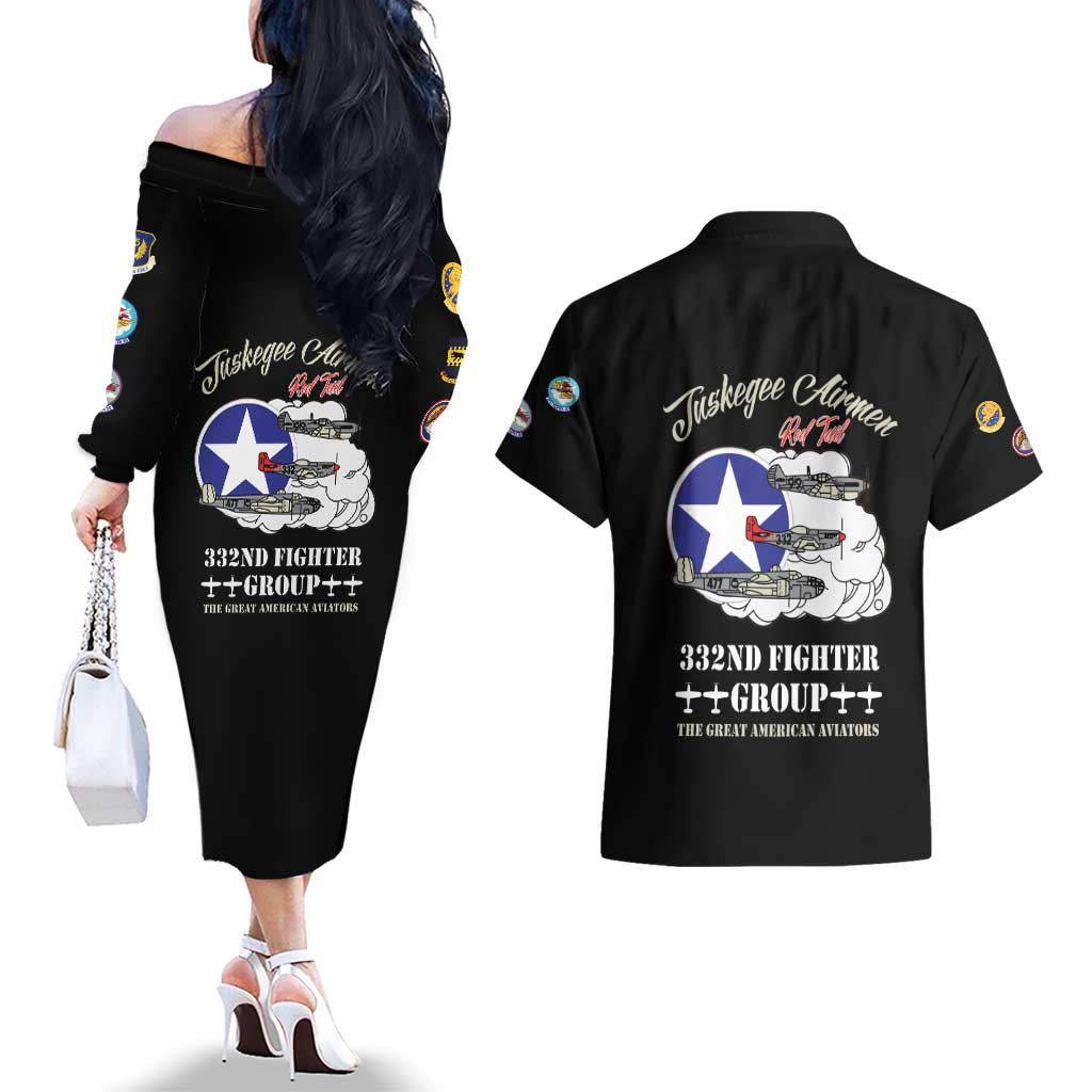 Tuskegee Airmen WWII Heroes Couples Matching Off The Shoulder Long Sleeve Dress and Hawaiian Shirt The Great American Aviators Black Art - Wonder Print Shop