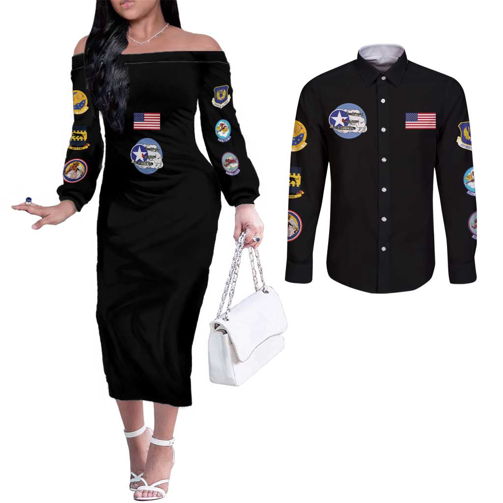 Tuskegee Airmen WWII Heroes Couples Matching Off The Shoulder Long Sleeve Dress and Long Sleeve Button Shirt The Great American Aviators Black Art - Wonder Print Shop