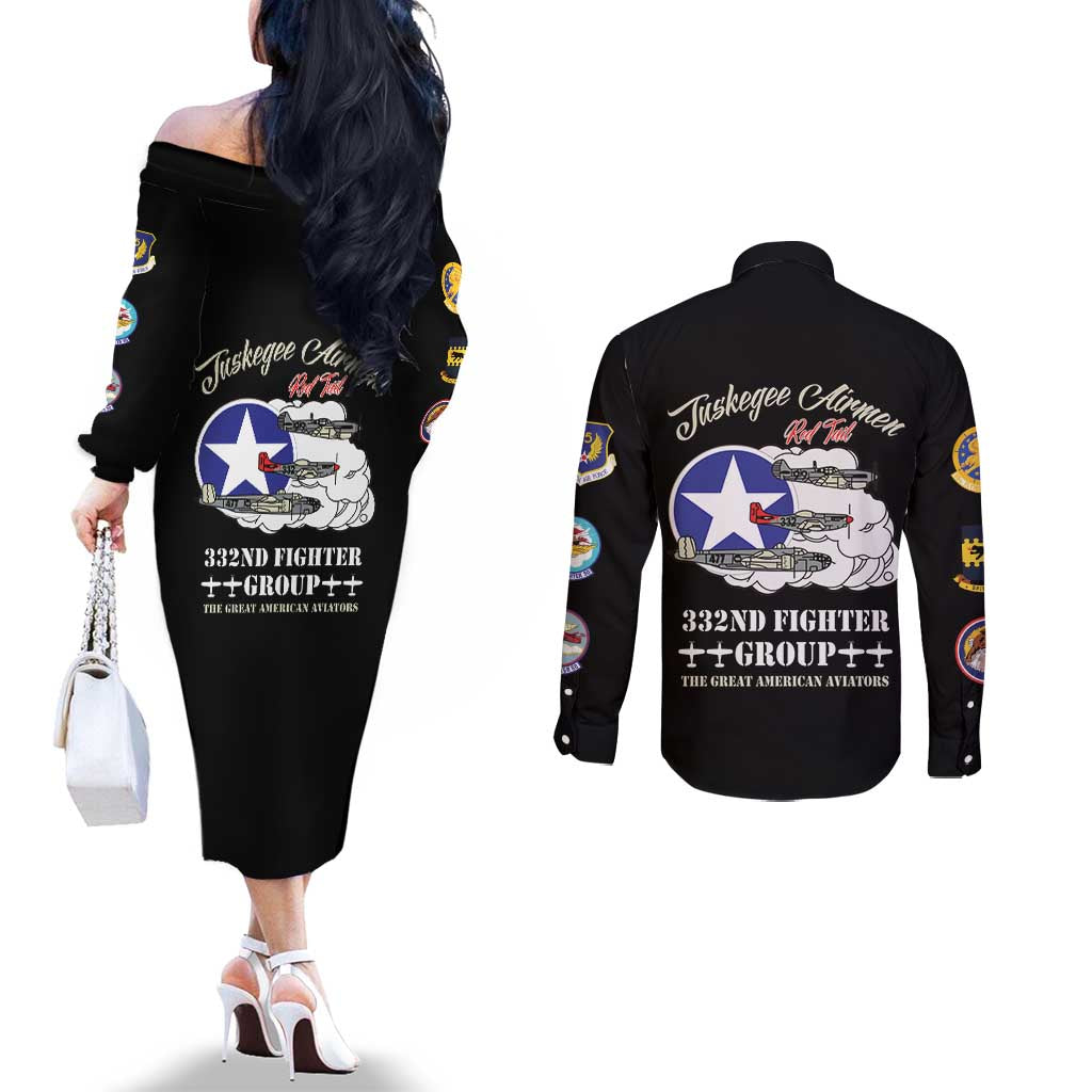 Tuskegee Airmen WWII Heroes Couples Matching Off The Shoulder Long Sleeve Dress and Long Sleeve Button Shirt The Great American Aviators Black Art - Wonder Print Shop