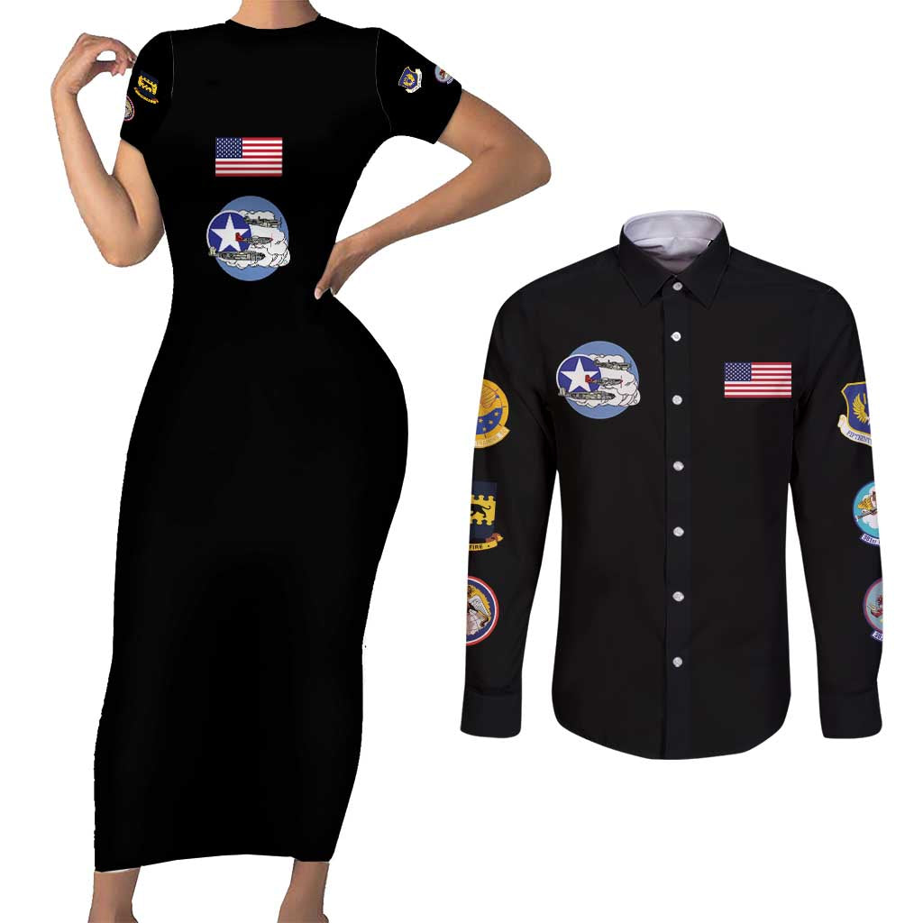 Tuskegee Airmen WWII Heroes Couples Matching Short Sleeve Bodycon Dress and Long Sleeve Button Shirt The Great American Aviators Black Art - Wonder Print Shop