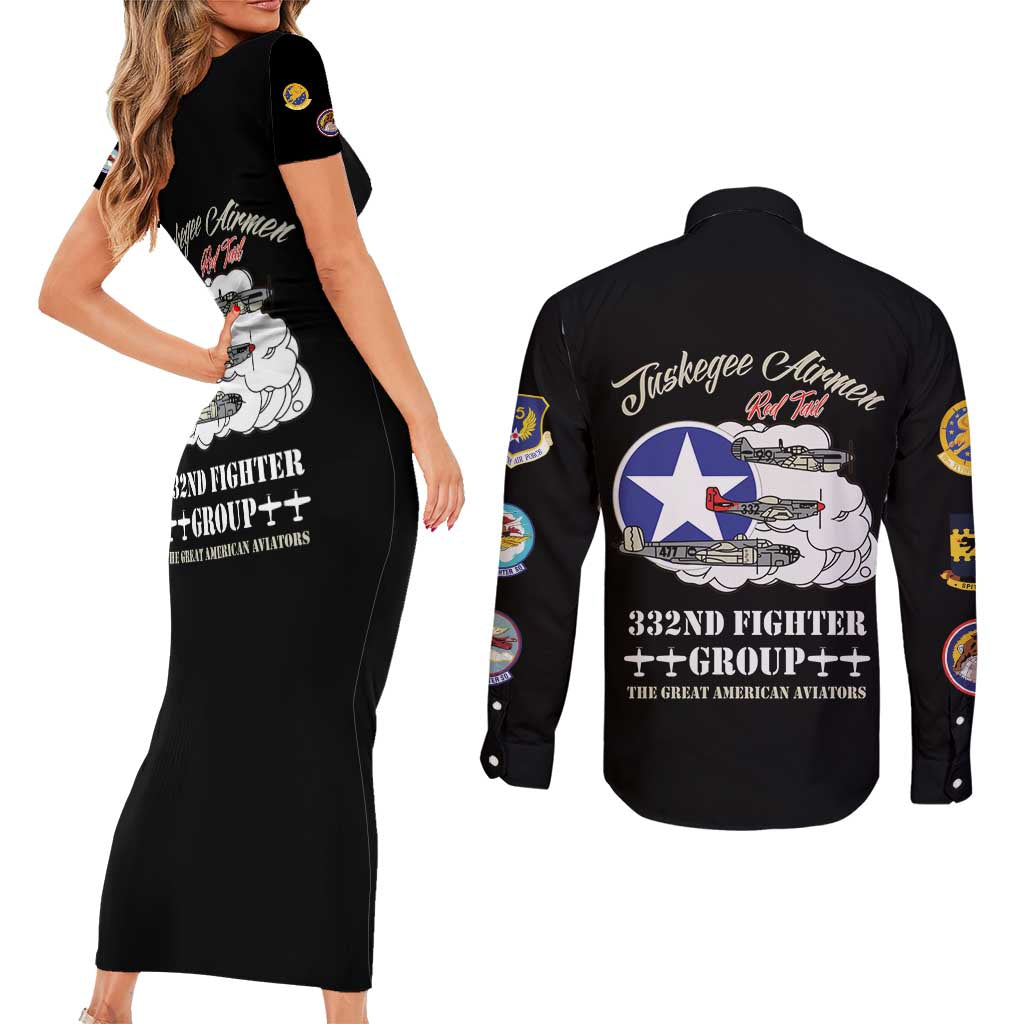 Tuskegee Airmen WWII Heroes Couples Matching Short Sleeve Bodycon Dress and Long Sleeve Button Shirt The Great American Aviators Black Art - Wonder Print Shop