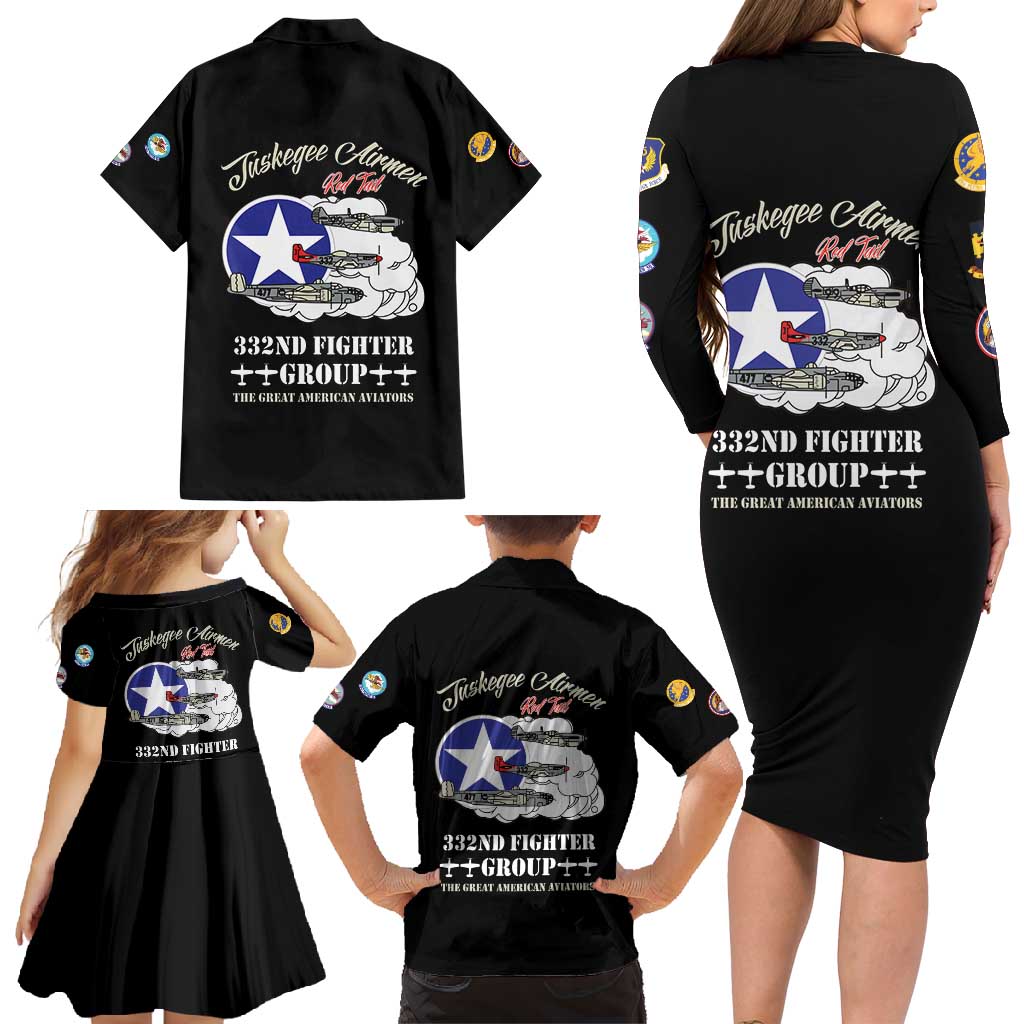 Tuskegee Airmen WWII Heroes Family Matching Long Sleeve Bodycon Dress and Hawaiian Shirt The Great American Aviators Black Art - Wonder Print Shop
