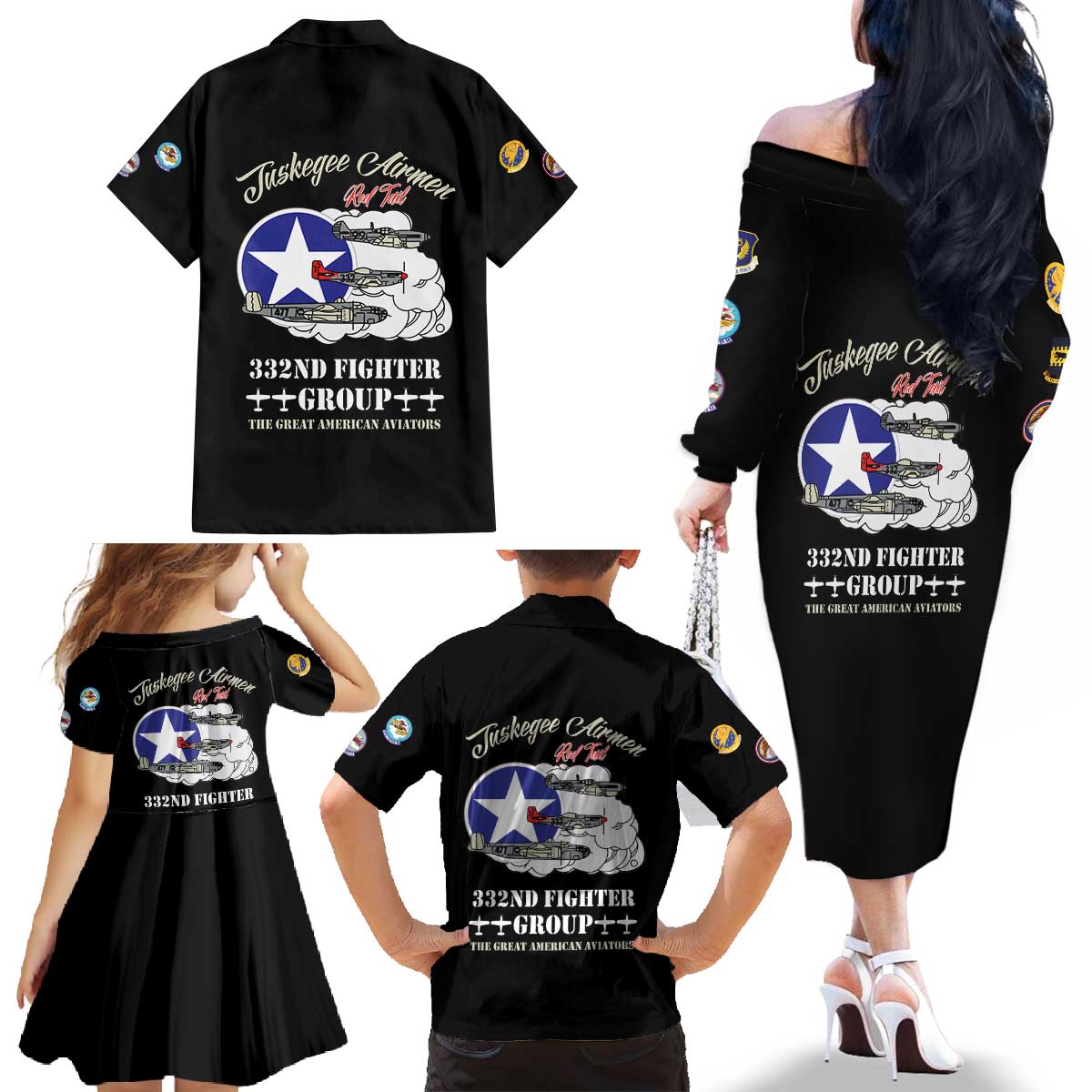Tuskegee Airmen WWII Heroes Family Matching Off The Shoulder Long Sleeve Dress and Hawaiian Shirt The Great American Aviators Black Art - Wonder Print Shop