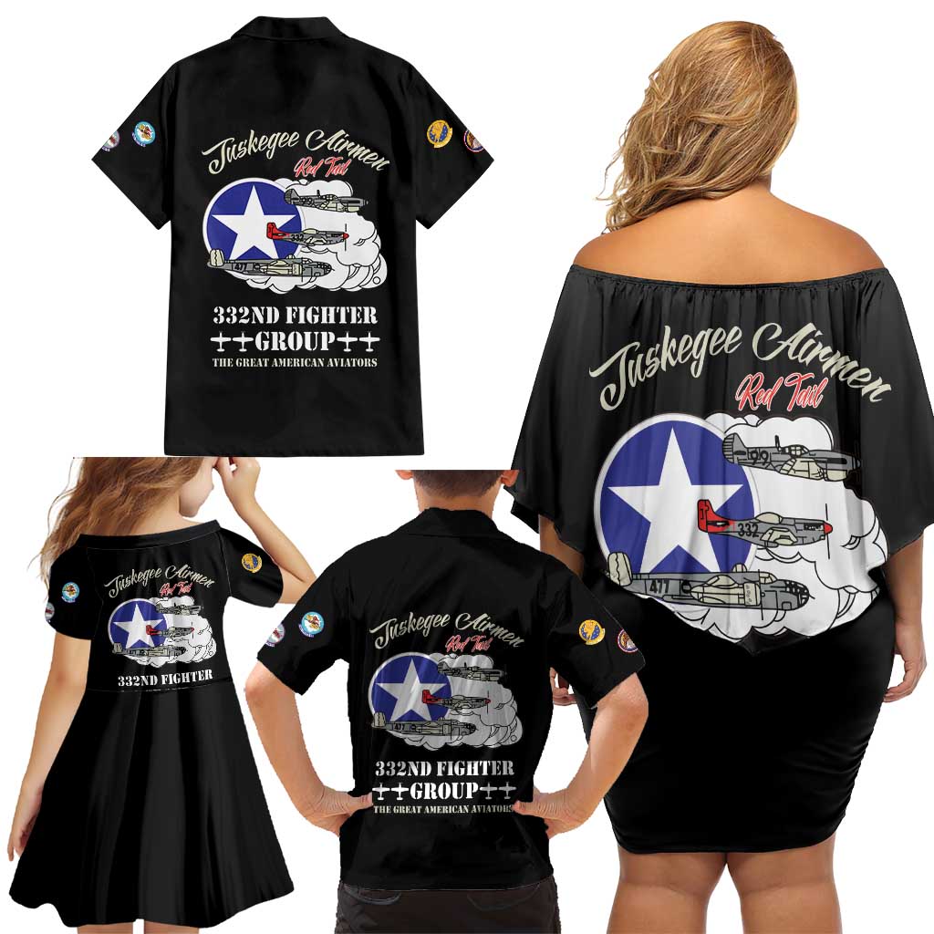 Tuskegee Airmen WWII Heroes Family Matching Off Shoulder Short Dress and Hawaiian Shirt The Great American Aviators Black Art - Wonder Print Shop