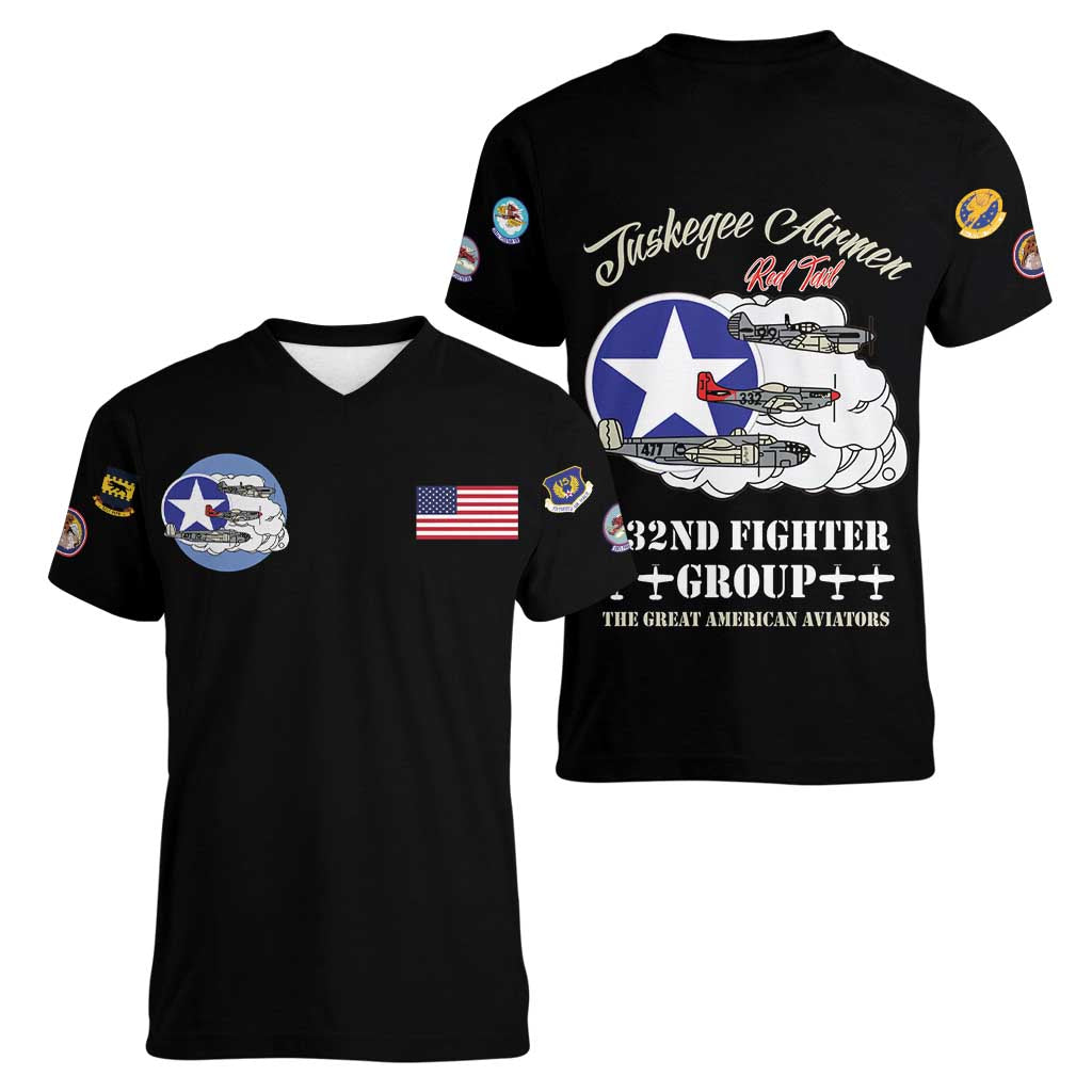 Tuskegee Airmen WWII Heroes Women V-Neck T-Shirt The Great American Aviators Black Art - Wonder Print Shop